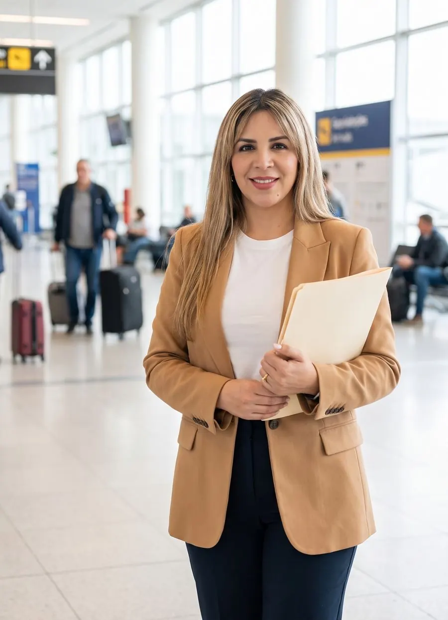 Adriana Blanco con una carpeta de documentos en un aeropuerto